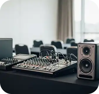 Audio and Microphone Package for Hybrid Events wireless microphones and audio mixer configured for hybrid event streaming
